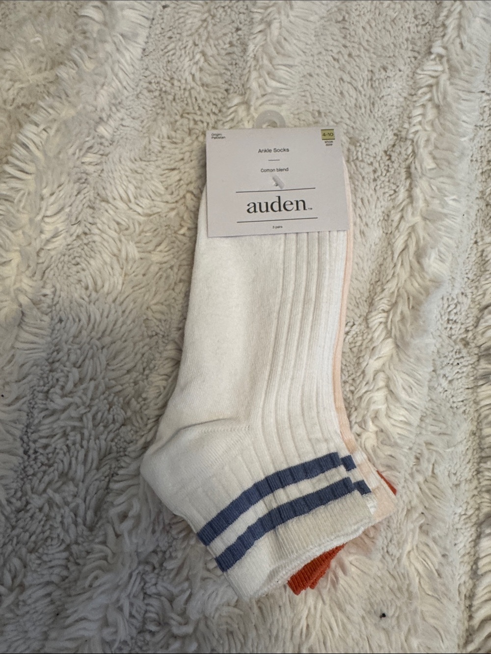 Auden White Ankle Socks with Blue and Pink Stripe - 3 Pack